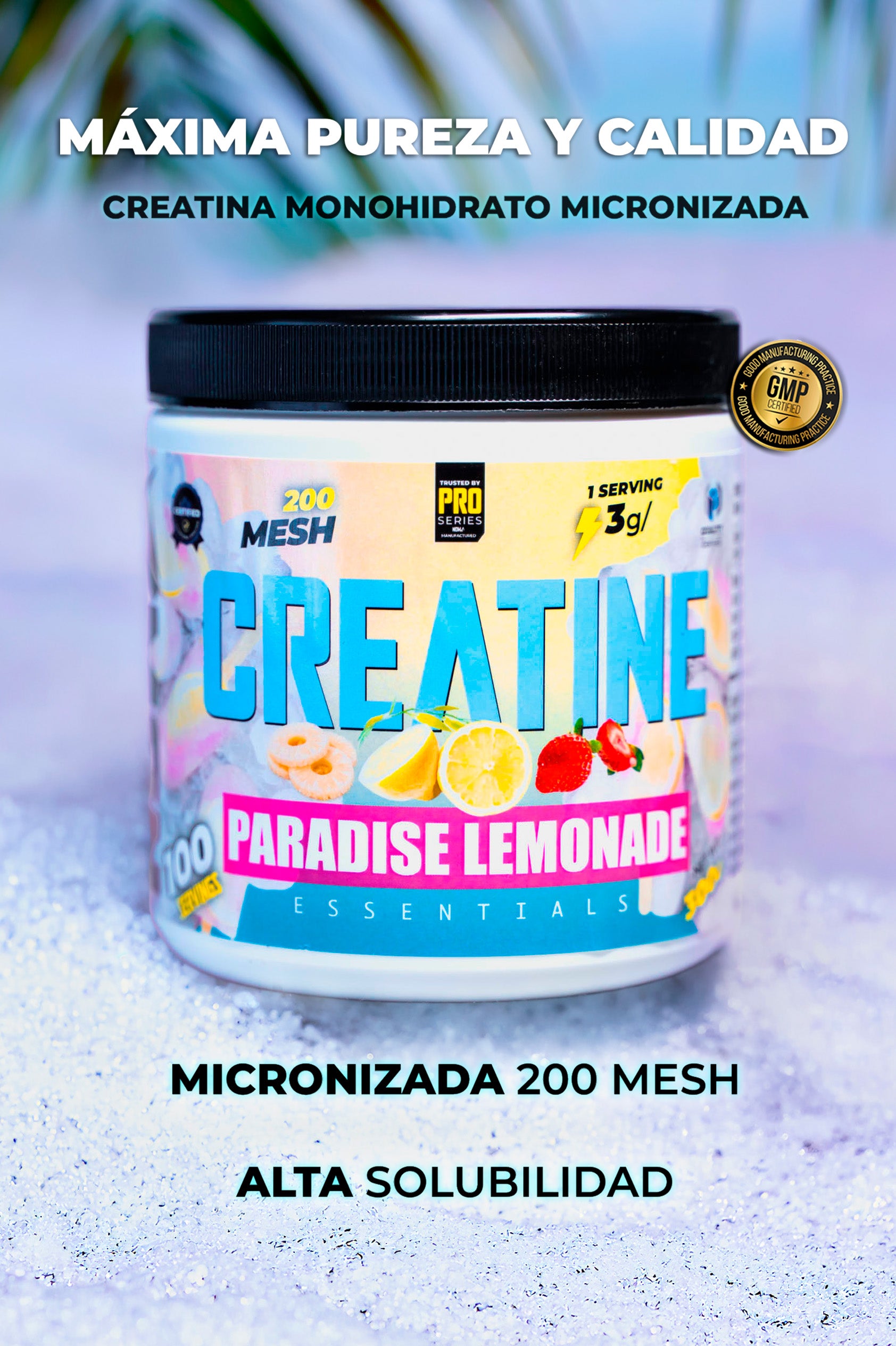 Creatina PREMIUM Monohidrato de máxima pureza y calidad, sabor Lemon Paradise.