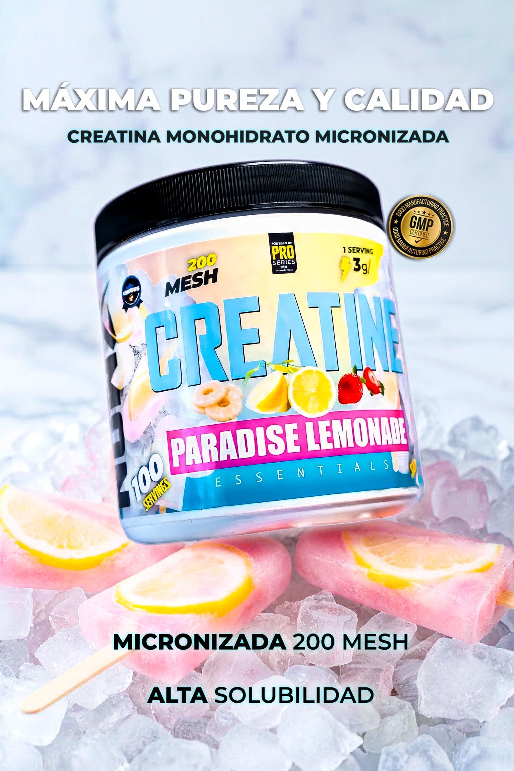 Creatina Monohidrato de máxima pureza y calidad, sabor Lemon Paradise.
