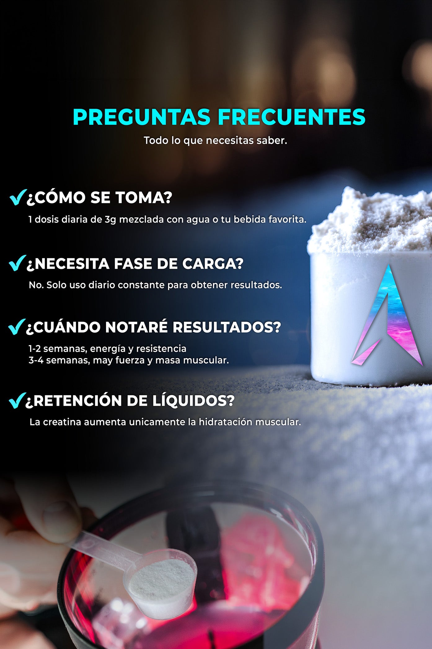 Creatina PREMIUM 100% Monohidrato de máxima pureza y calidad.