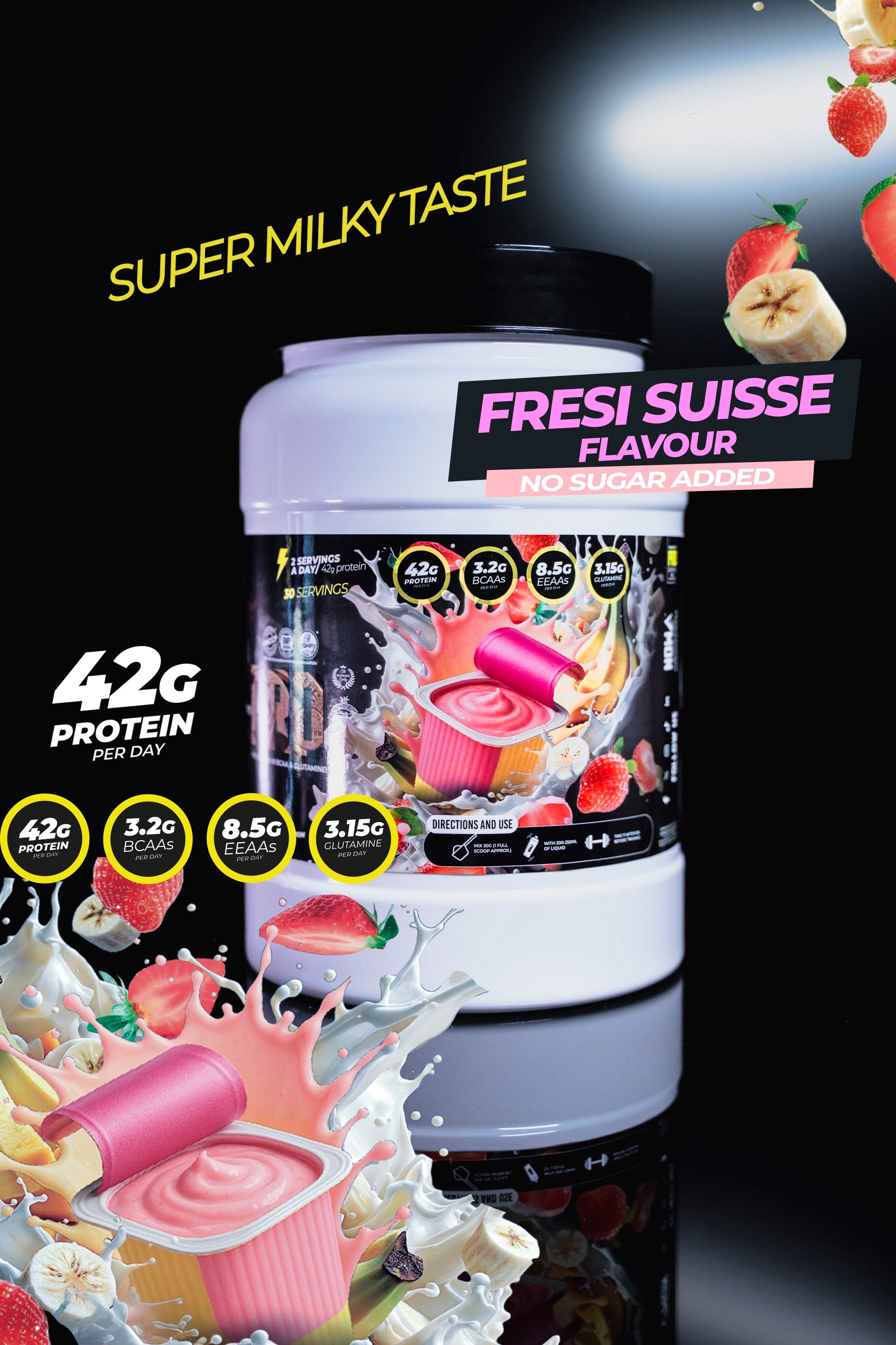 Proteina WHEY 100% PRO KING con BCAAs, EEAAs & Glutamina - Fresi Suisse