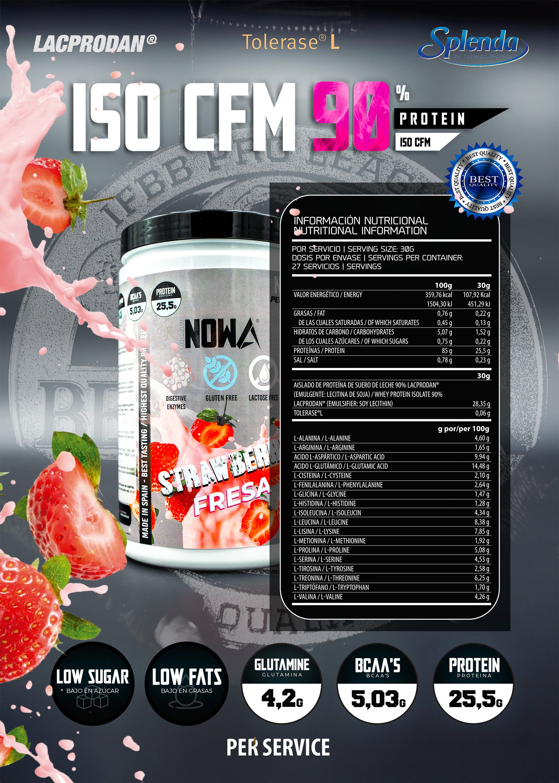 Proteina 90% CFM ISO SUPREME - BCAAs / Glutamina / Low Fat / Low Sugar - Fresa