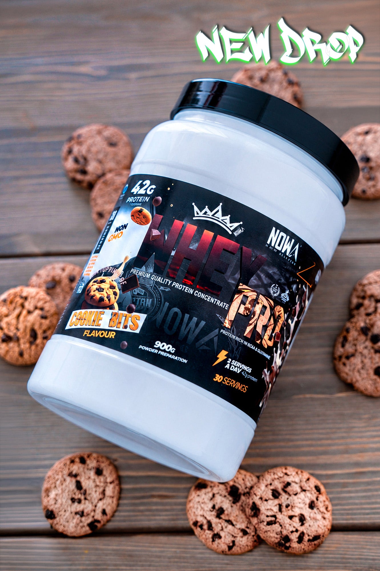 Proteina WHEY 100% PRO KING con BCAAs & Glutamina - Galleta con Chips de chocolate