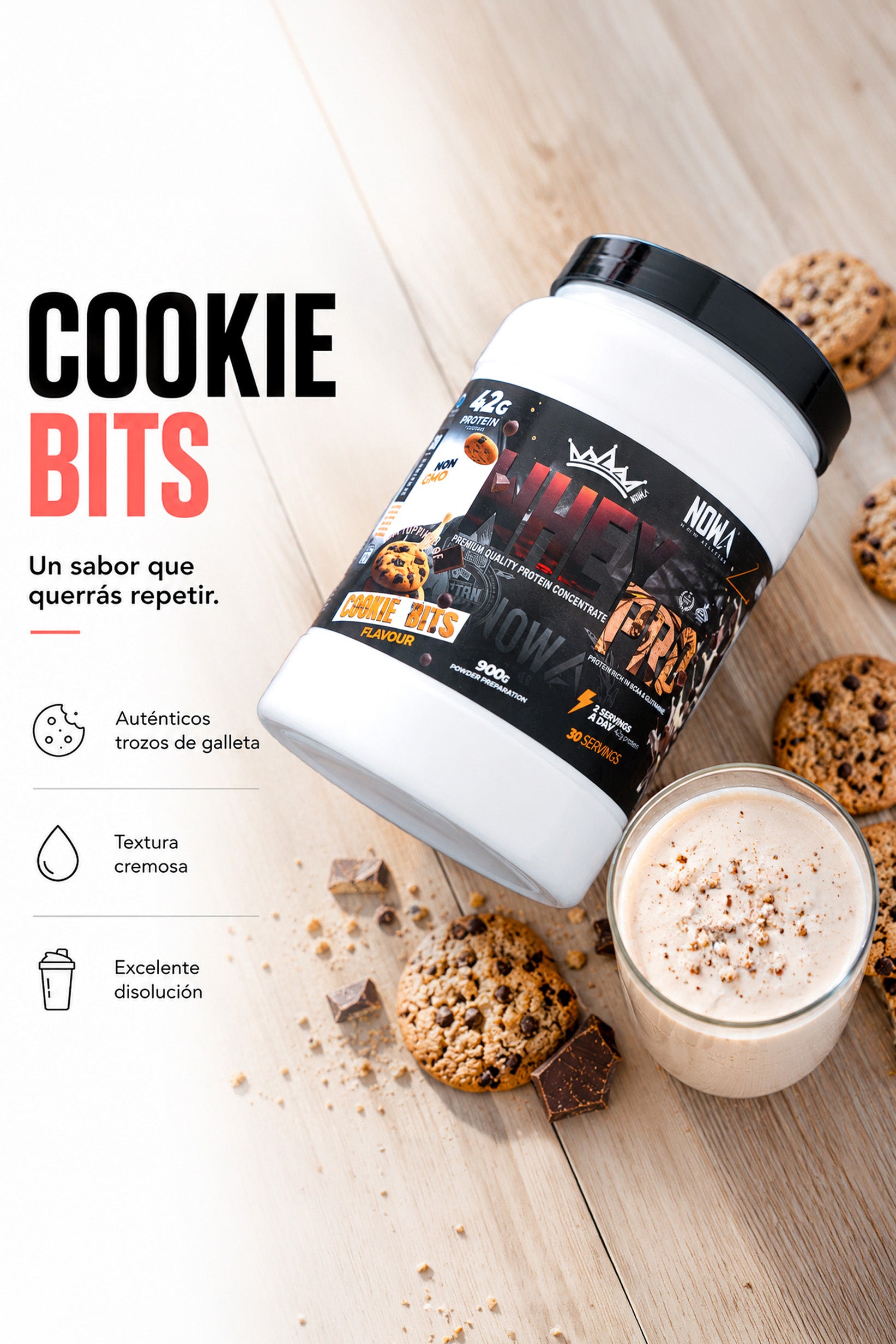Proteina WHEY 100% PRO KING con BCAAs & Glutamina - Galleta con Chips de chocolate