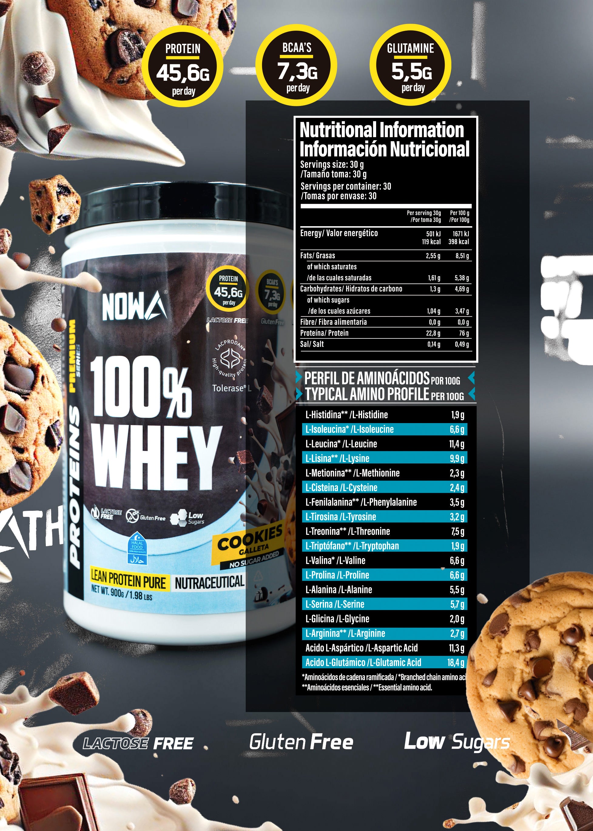100% Pure Whey Protein with BCAAs, Glutamine, Lactose-Free, Gluten-Free, Low in Sugar - Cookie