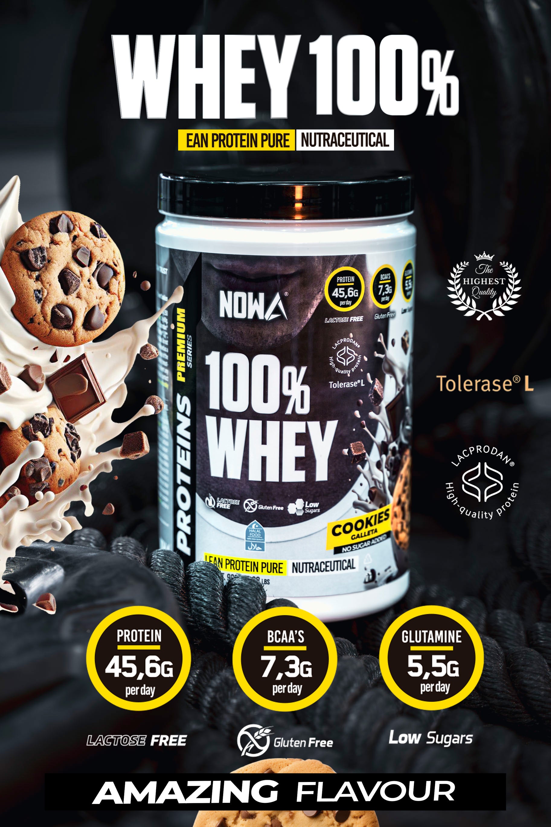 100% Pure Whey Protein with BCAAs, Glutamine, Lactose-Free, Gluten-Free, Low in Sugar - Cookie