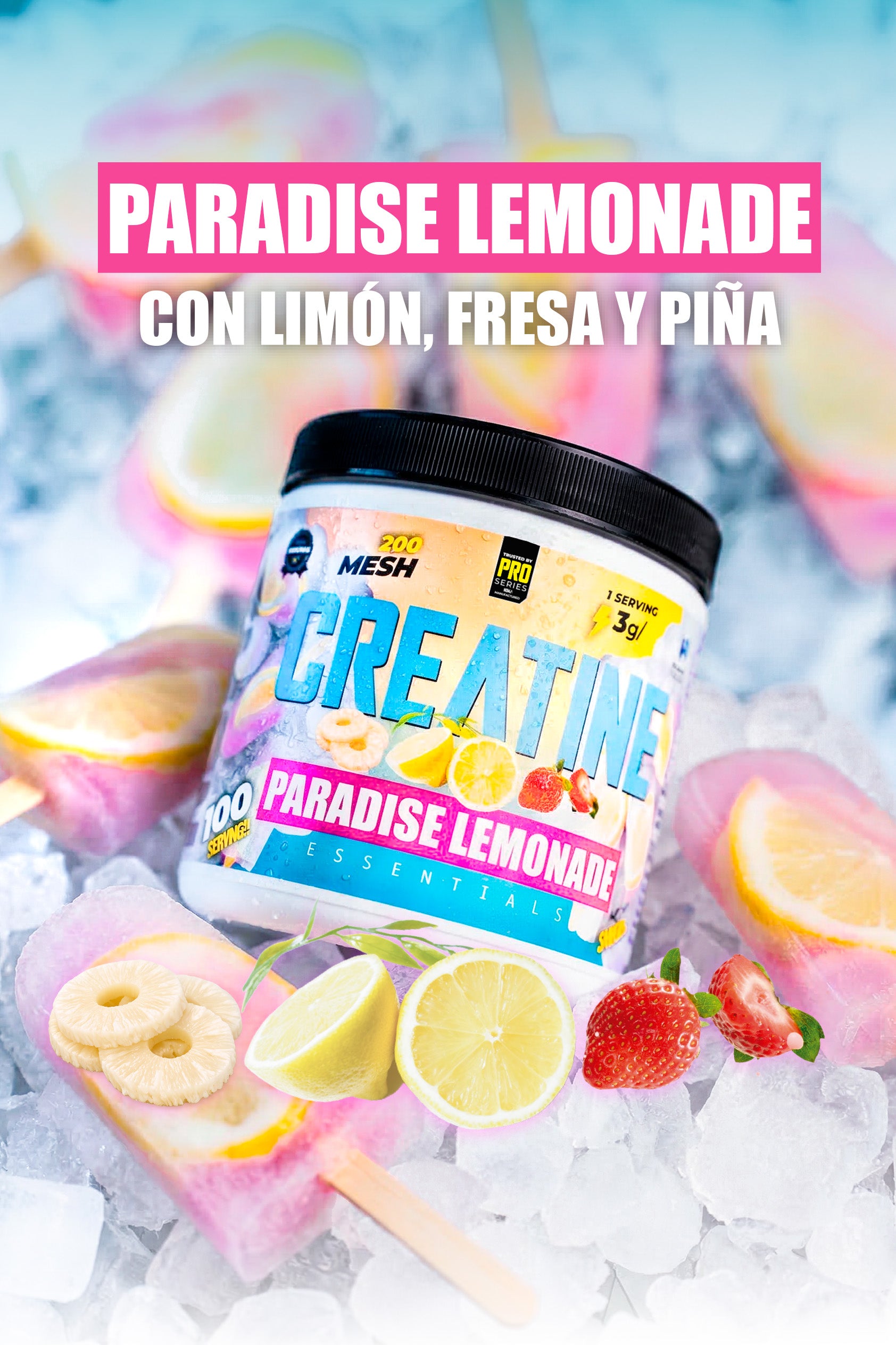 Creatina PREMIUM Monohidrato de máxima pureza y calidad, sabor Lemon Paradise.