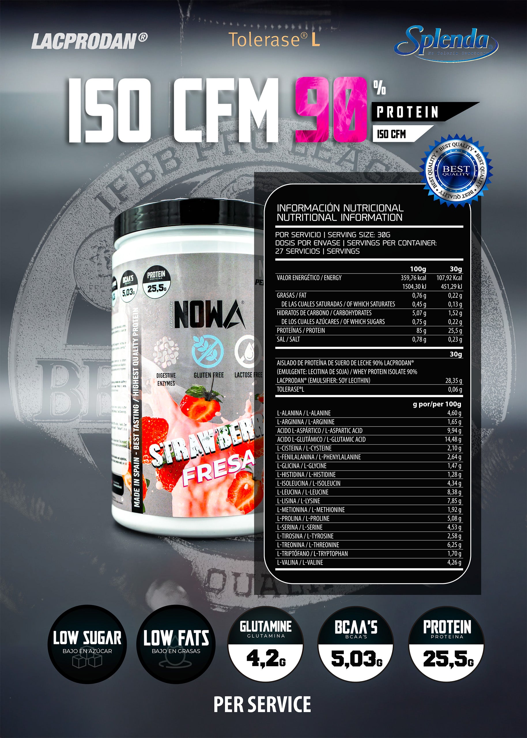 Protein 90% CFM ISO SUPREME - BCAAs / Glutamine / Low Fat / Low Sugar 1600g - Fresa