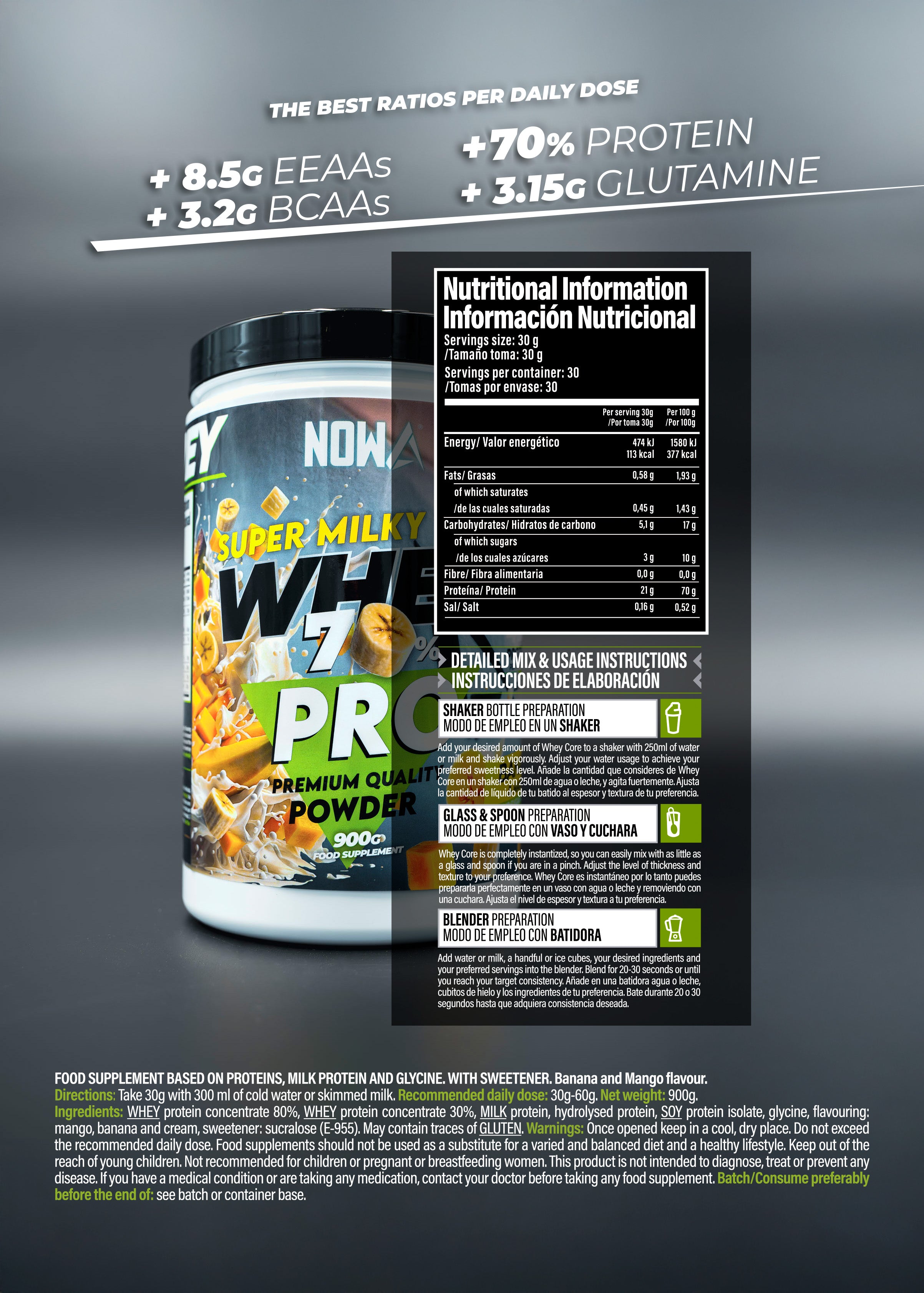 Whey Protein PRO with CARBOHYDRATES + EEAAs / BCAAs + Glutamine 900g - Banana &amp; Mango