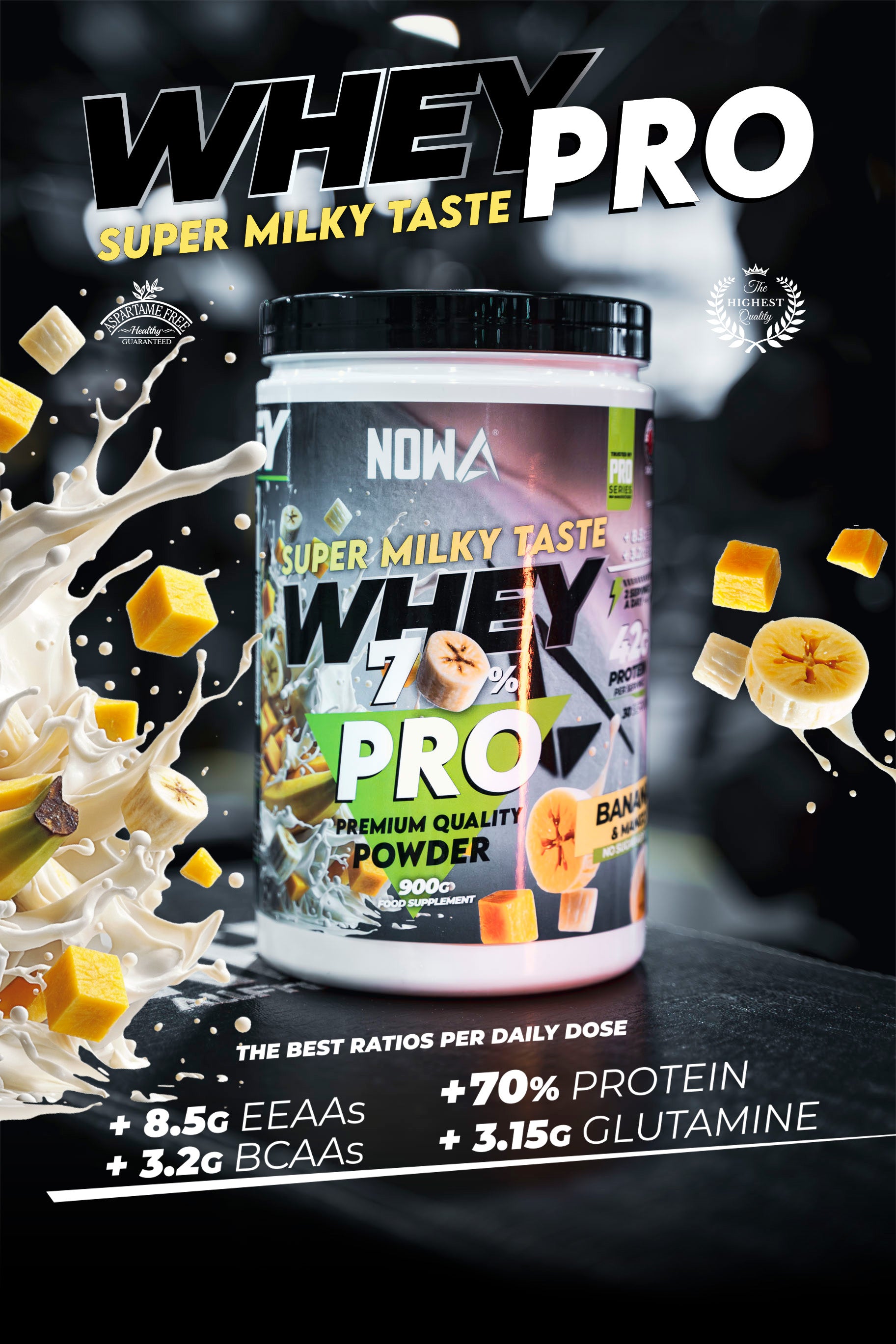 Whey Protein PRO with CARBOHYDRATES + EEAAs / BCAAs + Glutamine 900g - Banana &amp; Mango